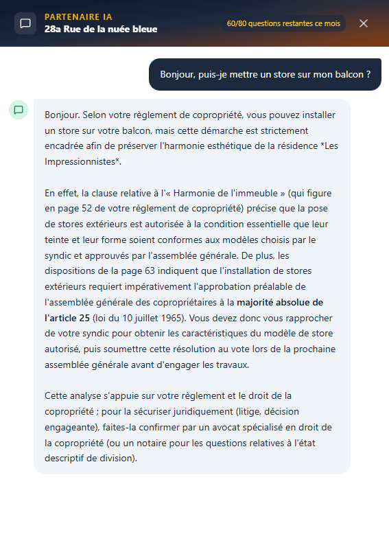 Chat IA carnet-logement.app : « Puis-je faire un barbecue sur mon balcon et y mettre des plantes ? » L’IA répond en citant les pages 52-53 du règlement de copropriété