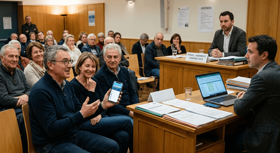 Copropriétaire consultant son dossier sur smartphone en assemblée générale