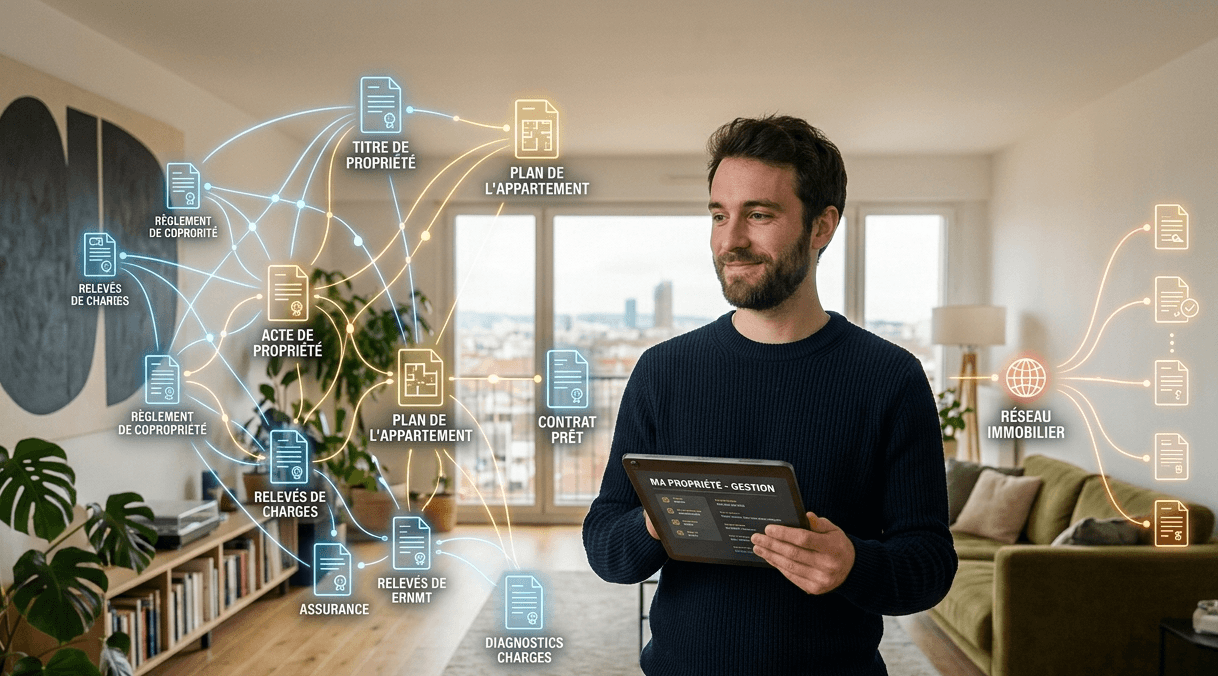 Propriétaire consultant sur tablette ses documents de logement reliés entre eux par l’IA