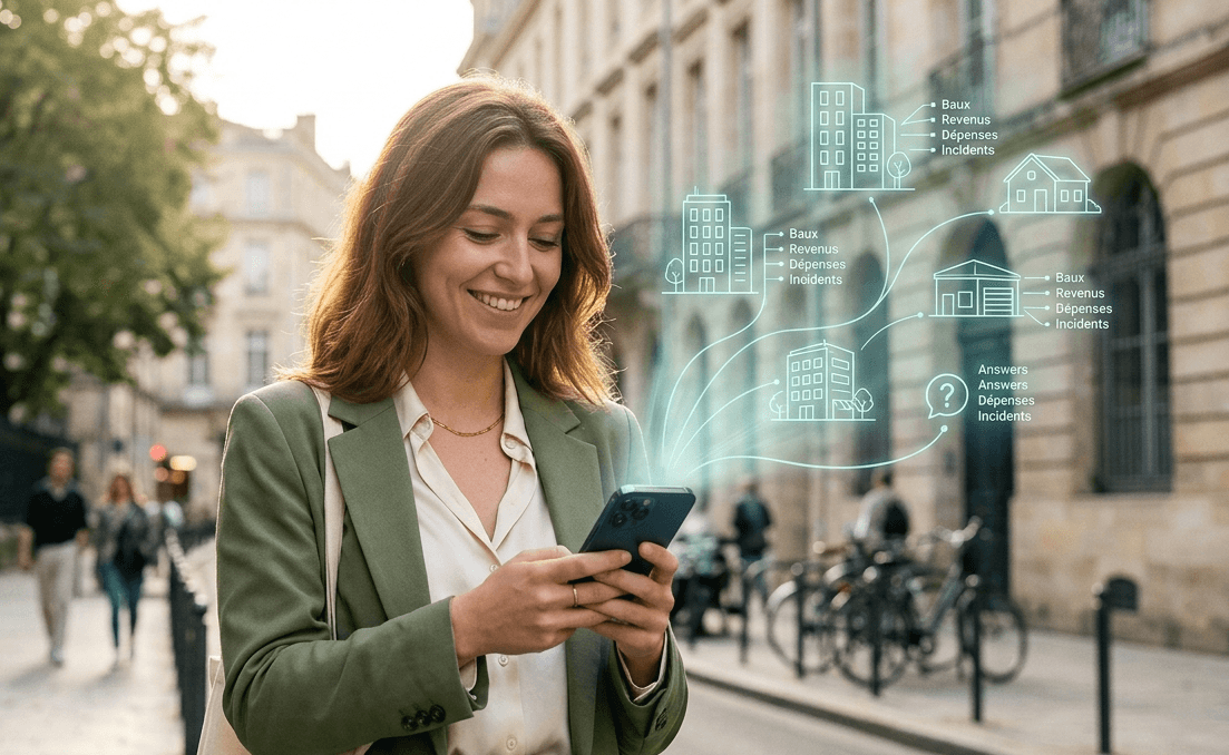 Investisseuse immobilière gérant ses logements en location depuis son téléphone